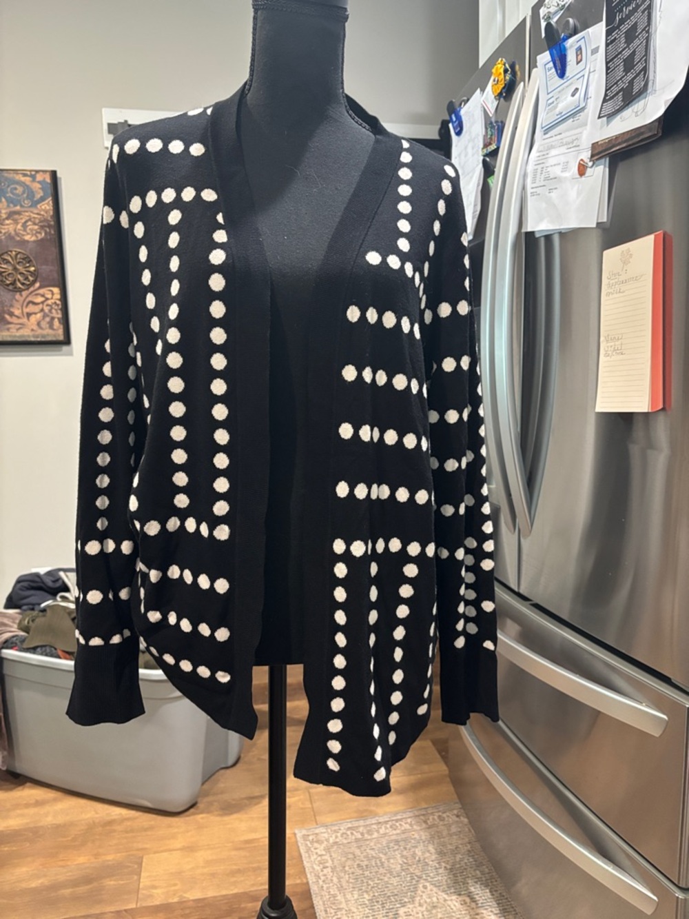 Chico's Black Open-Front Cardigan with White Dot Pattern